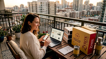 Woman comparing gadget gift sets at table