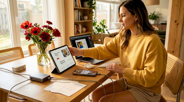 Woman charging multiple USB-C devices at kitchen table