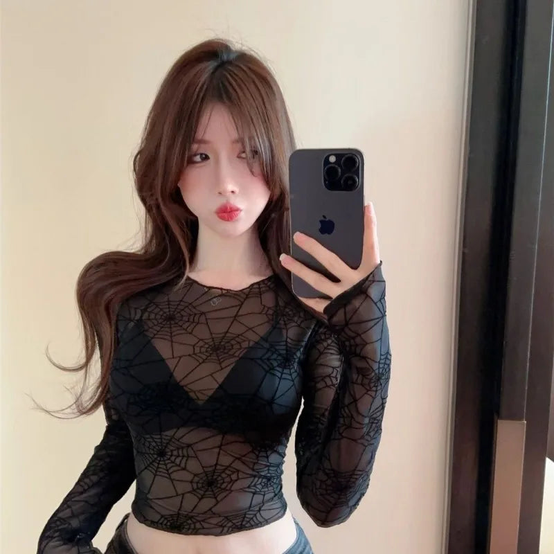 Spinnennetz Netz Crop Top - Sexy Langarm Streetwear T-Shirt