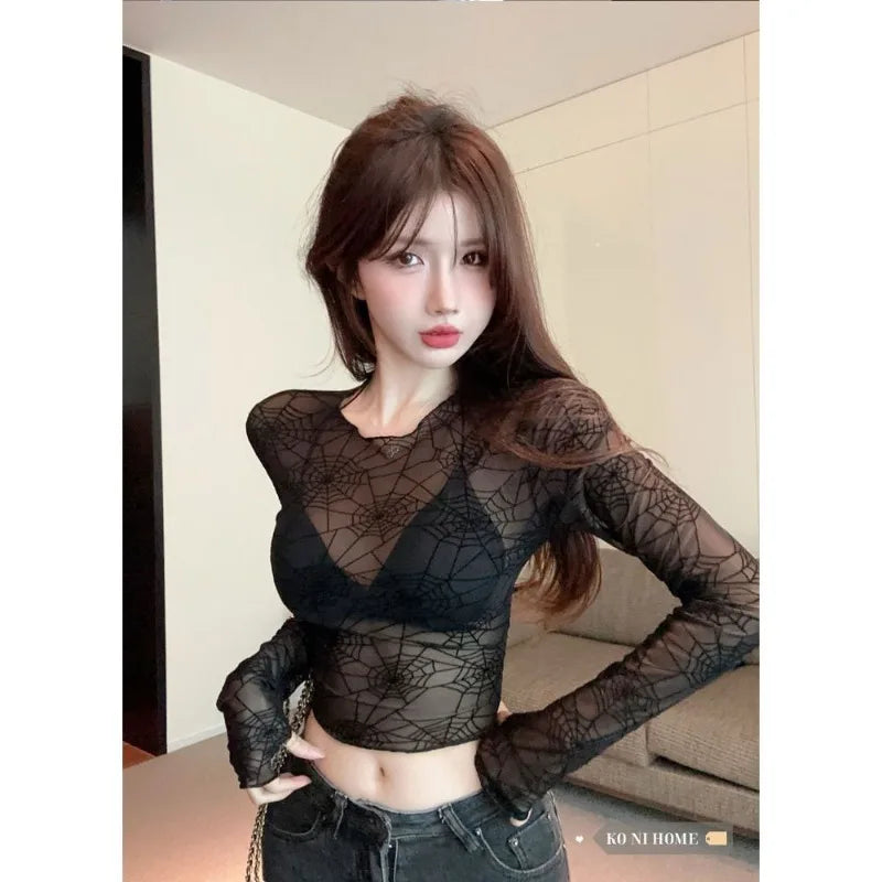 Spinnennetz Netz Crop Top - Sexy Langarm Streetwear T-Shirt