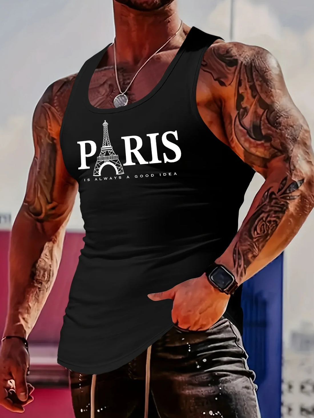Herren Tower Letter Print Muscle Tank - Slim Fit Fitness- & Fashion-Weste